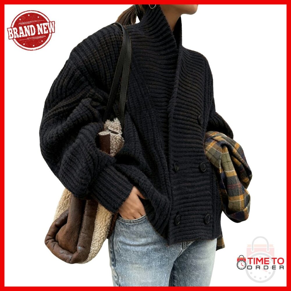 Chunky Ribbed Knit Cardigan Shawl Collar Button Down Relaxed Fit